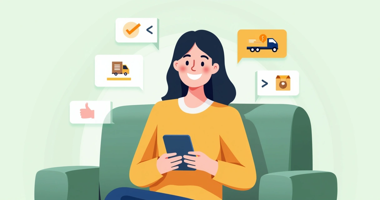 Pessoa olhando o celular e sorrindo após receber atualização de compra 