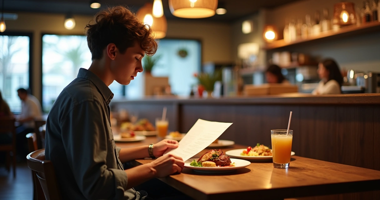 Cliente analisando cardápio com prato à mesa. 