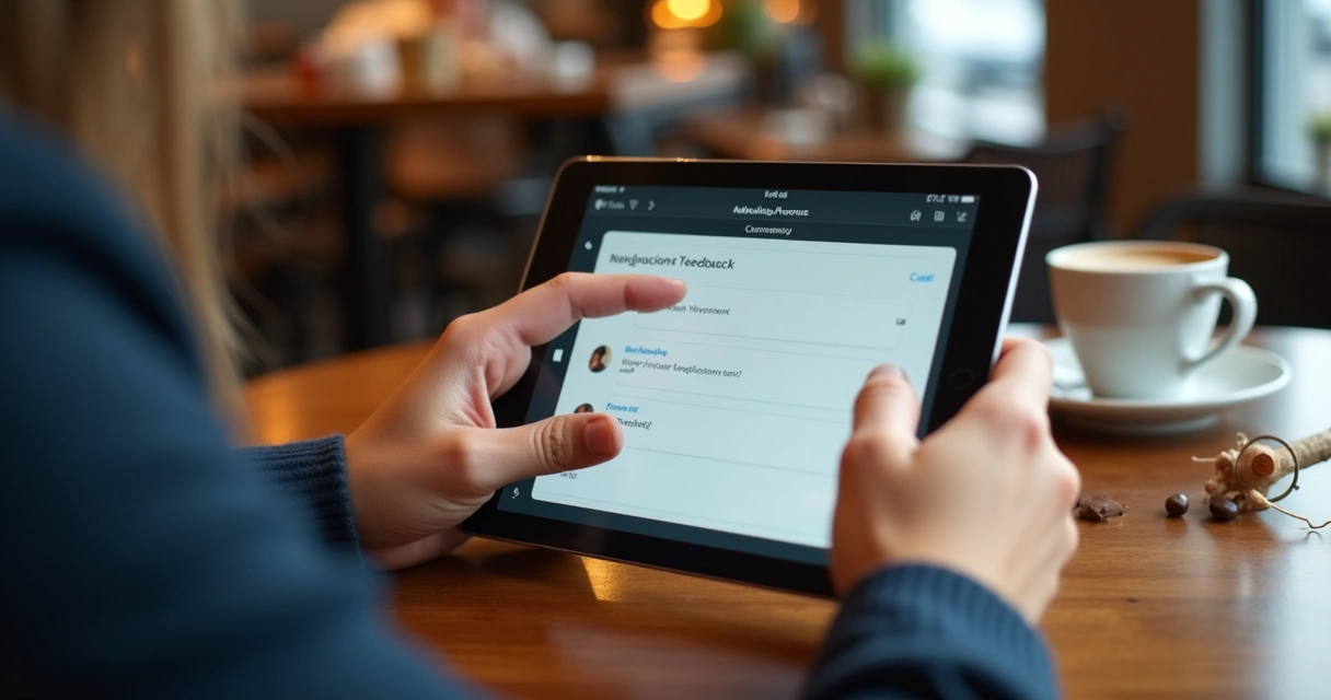 Cliente preenchendo pesquisa de feedback em tablet 