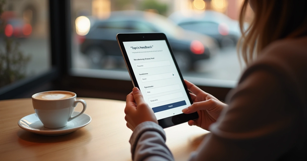 Pessoa preenchendo pesquisa de feedback em tablet 