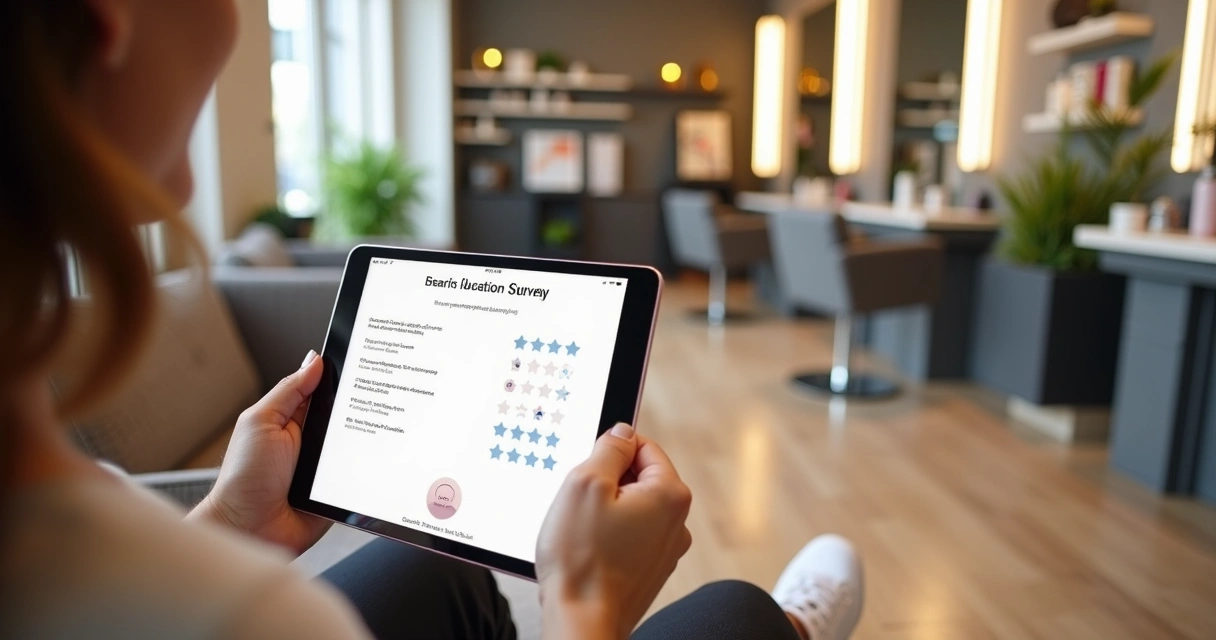 Cliente de salão preenchendo pesquisa de satisfação em tablet na recepção 