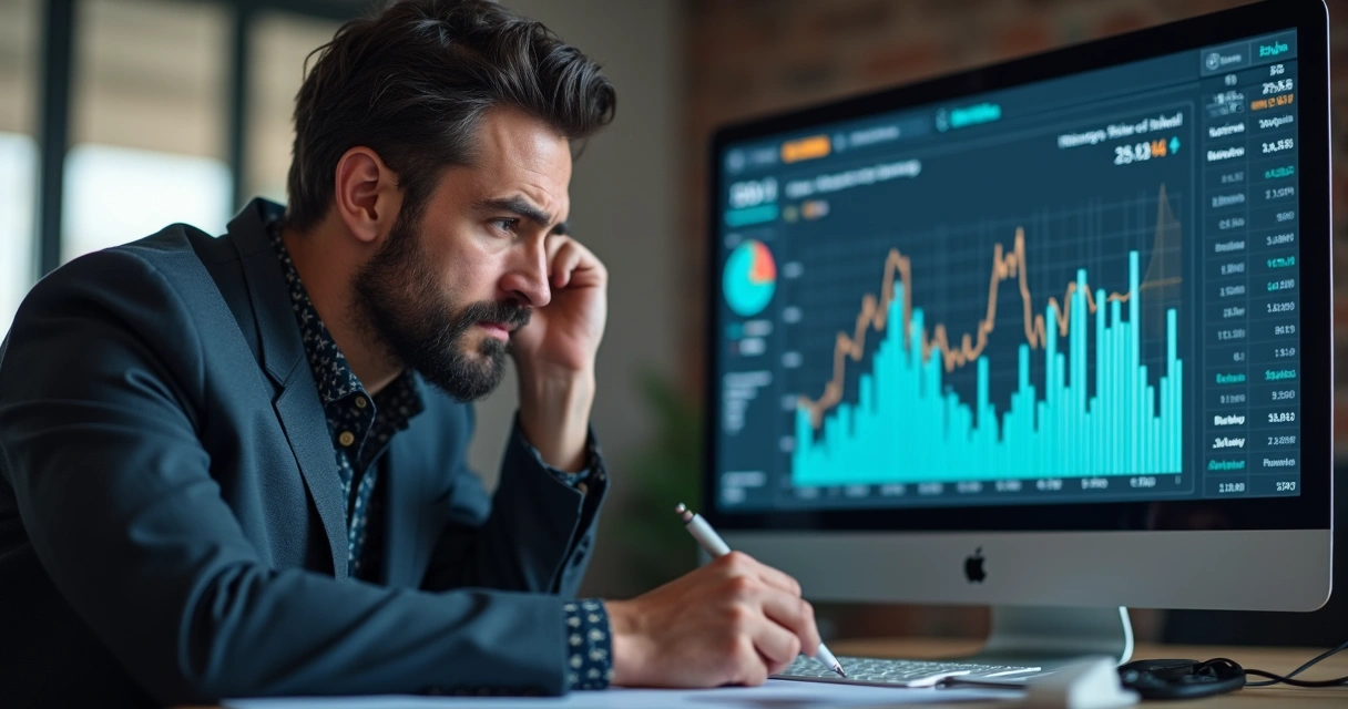 Cliente olhando preocupado para gráfico de prejuízo em notebook em reunião de vendas 