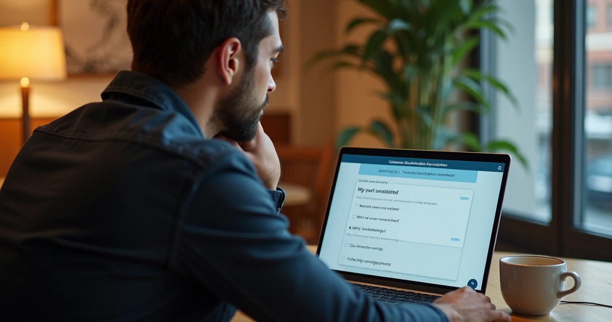 Cliente pensativo olhando tela do computador 