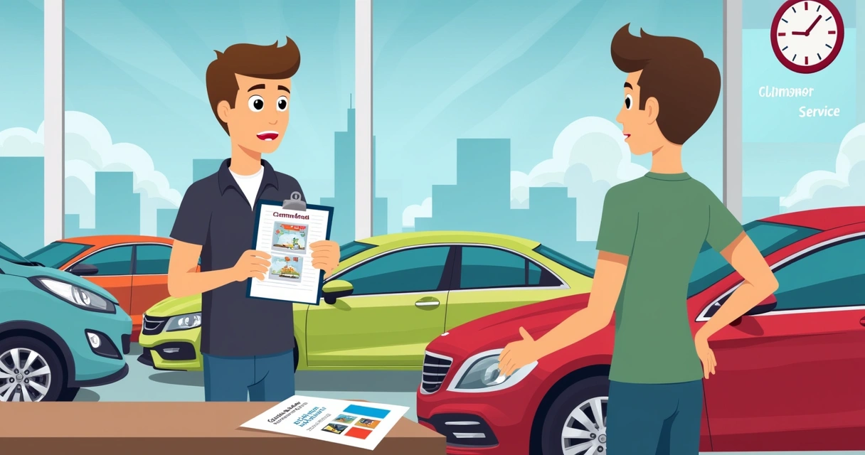 Cliente discutindo um problema de carro com vendedor em uma concessionária ensolarada.