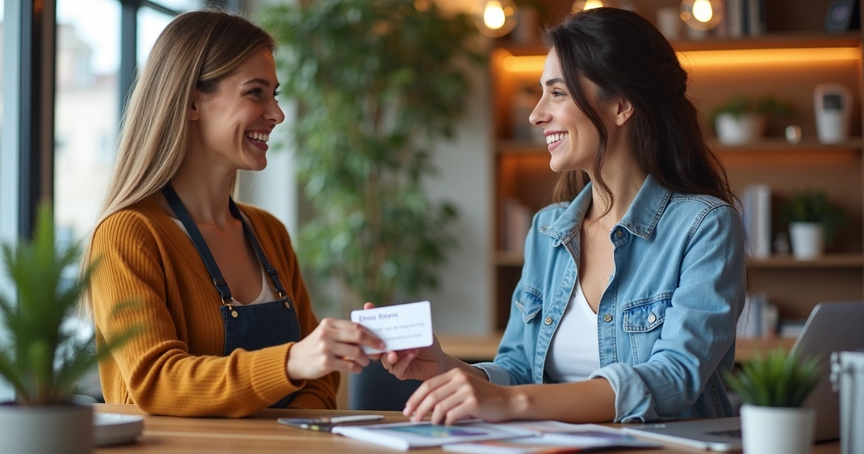 Cliente sorridente recebendo cartão de programa de fidelidade em agência de viagens. 
