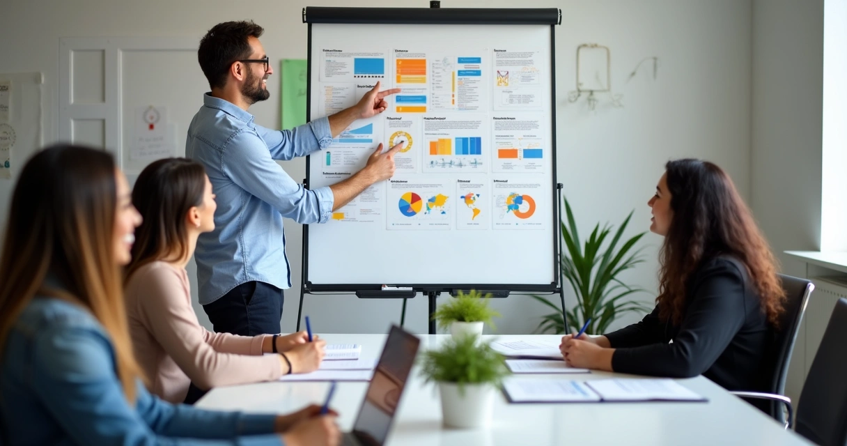 Cliente apresentando ideias para equipe de produto em reunião.