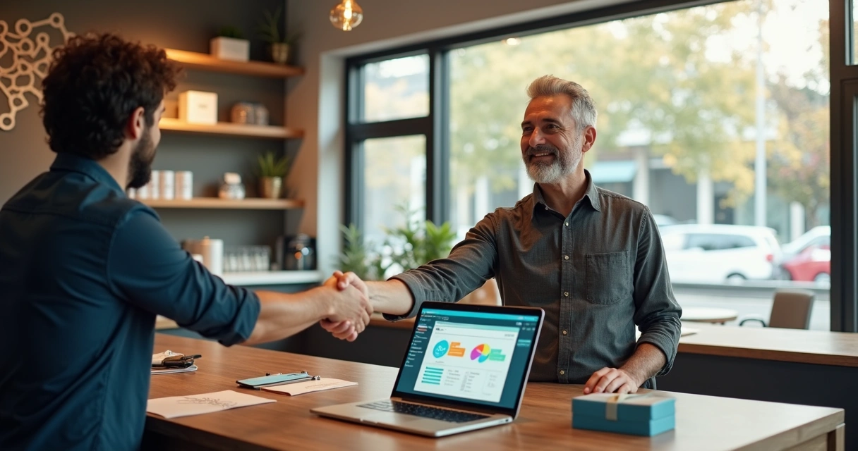 Dona de pequena empresa apertando a mão de cliente satisfeito em loja moderna 