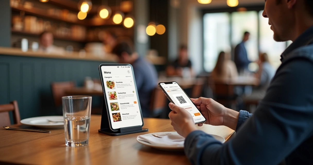 Cliente escaneando QR Code em mesa de restaurante com menu no celular