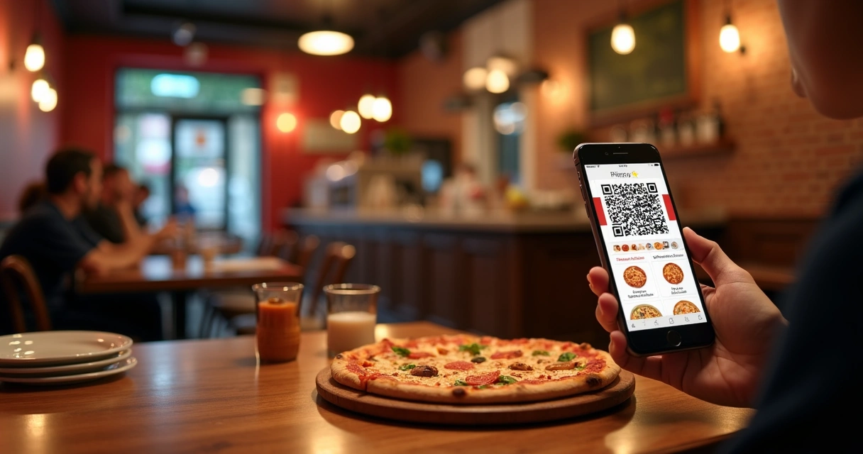 Cliente acessando menu digital por QR Code na mesa da pizzaria 