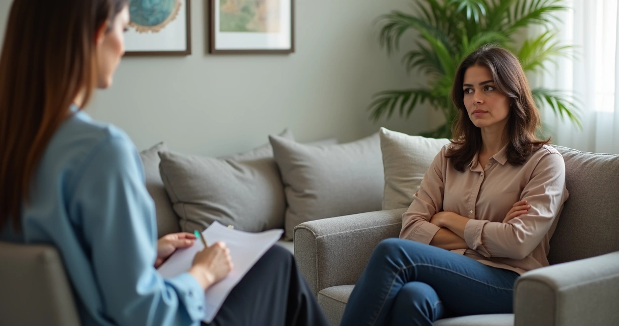 Pessoa sentada em sofá de terapia mostrando defesa corporal sutil 