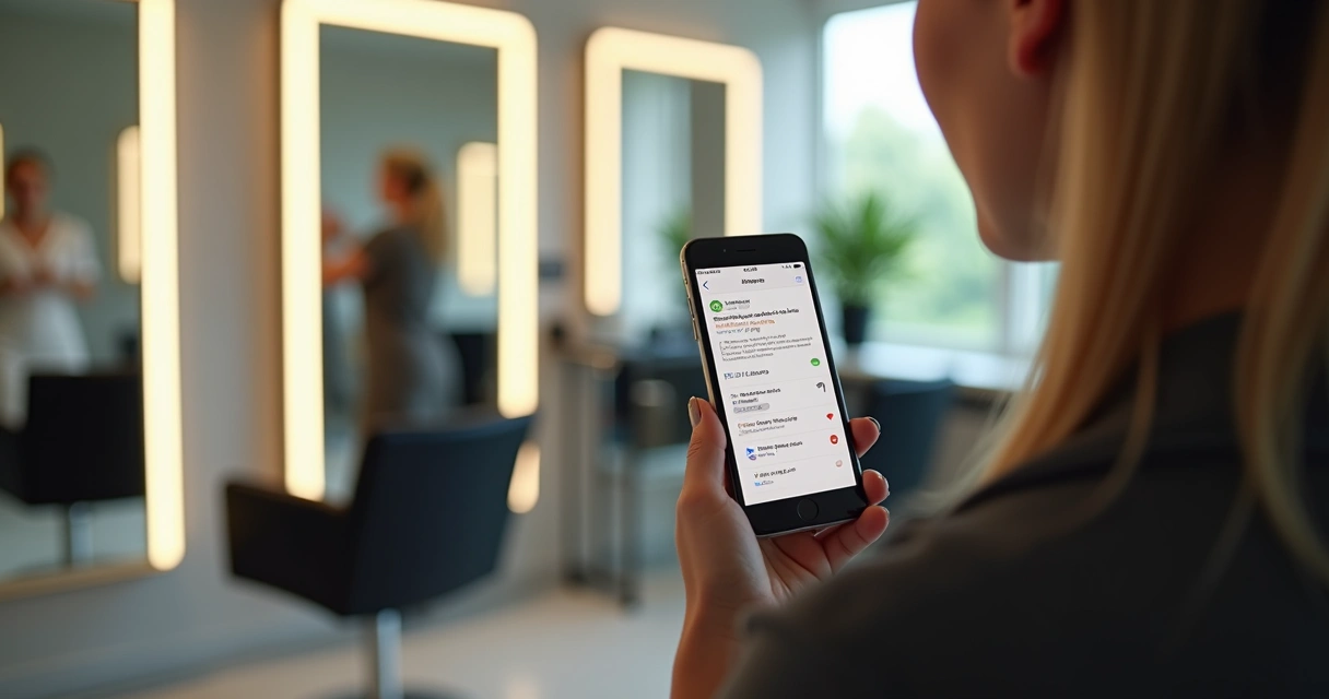 Cliente recebendo mensagem automática no celular em salão de beleza