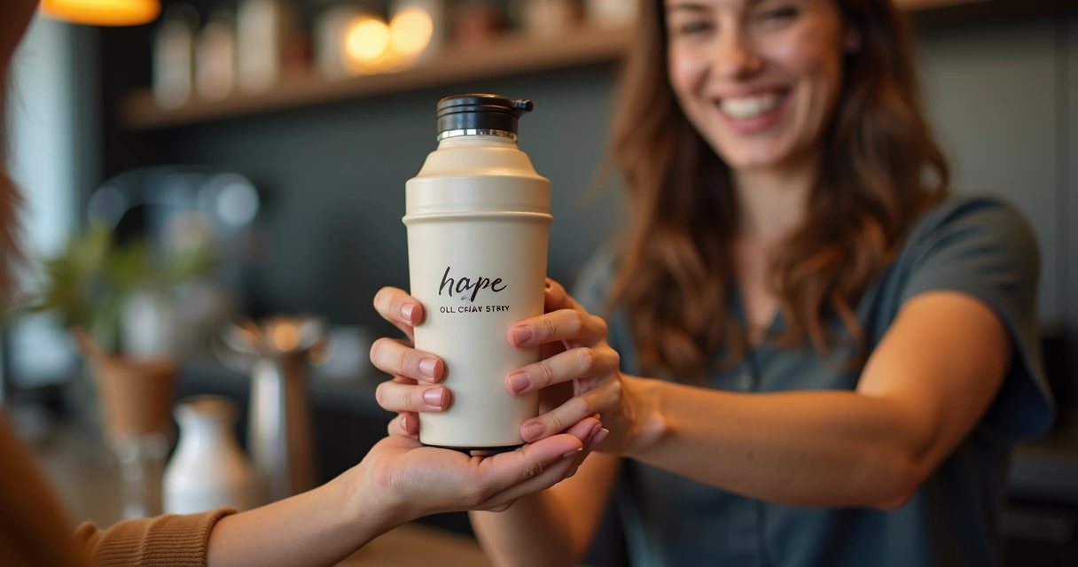 Cliente sorrindo ao receber brinde personalizado 