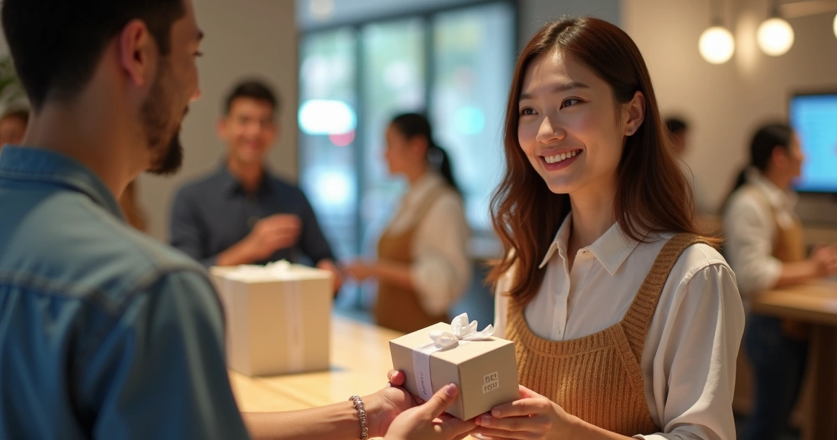 Cliente recebendo brinde personalizado de uma atendente sorridente 