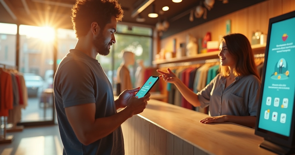 Cliente recebendo créditos de giftback pelo celular em frente ao caixa de loja 