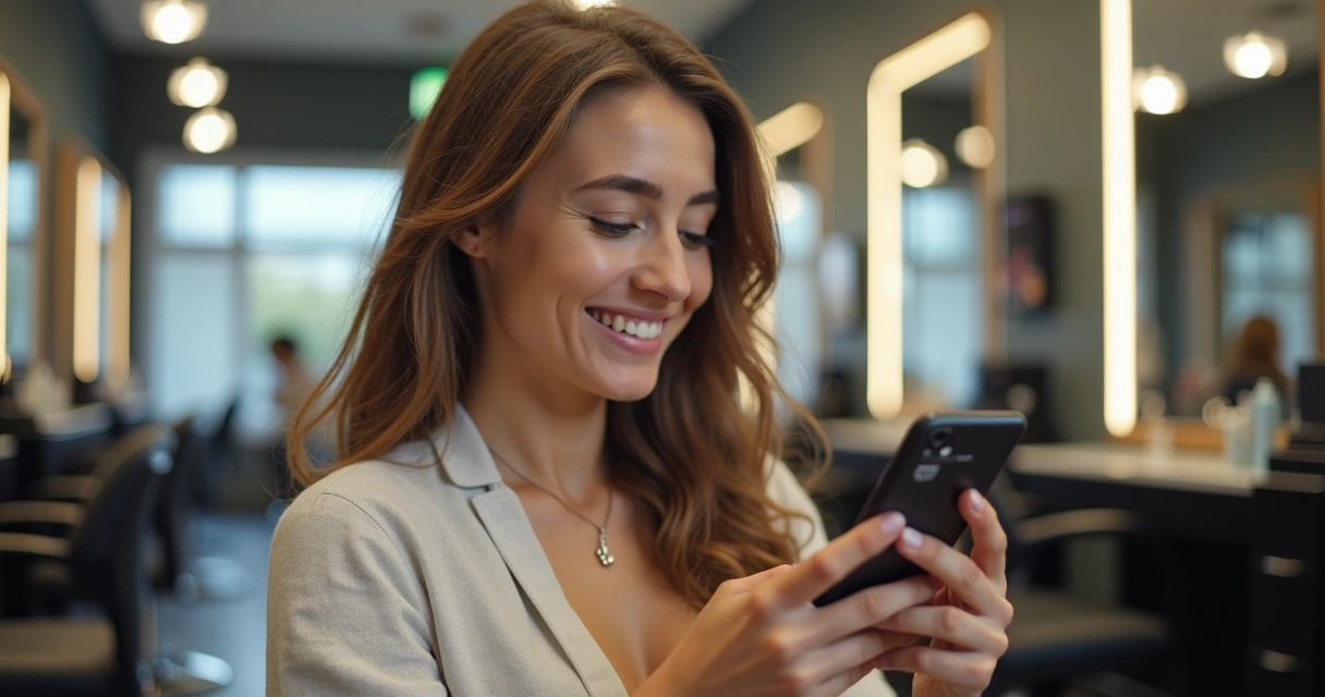 Cliente de estética sorrindo ao receber lembrete no WhatsApp 