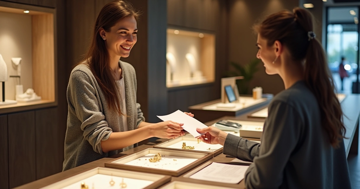 Cliente recebendo comprovante de pagamento por venda de ouro