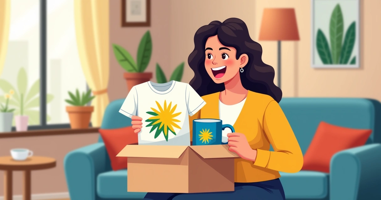 Pessoa recebendo caixa com produtos personalizados, com destaque para camiseta e caneca 