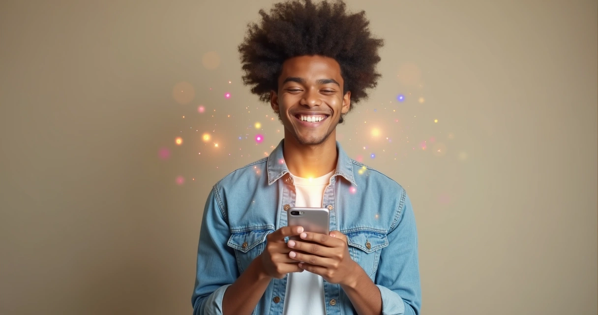 Pessoa sorridente recebendo recompensa digital em smartphone. 