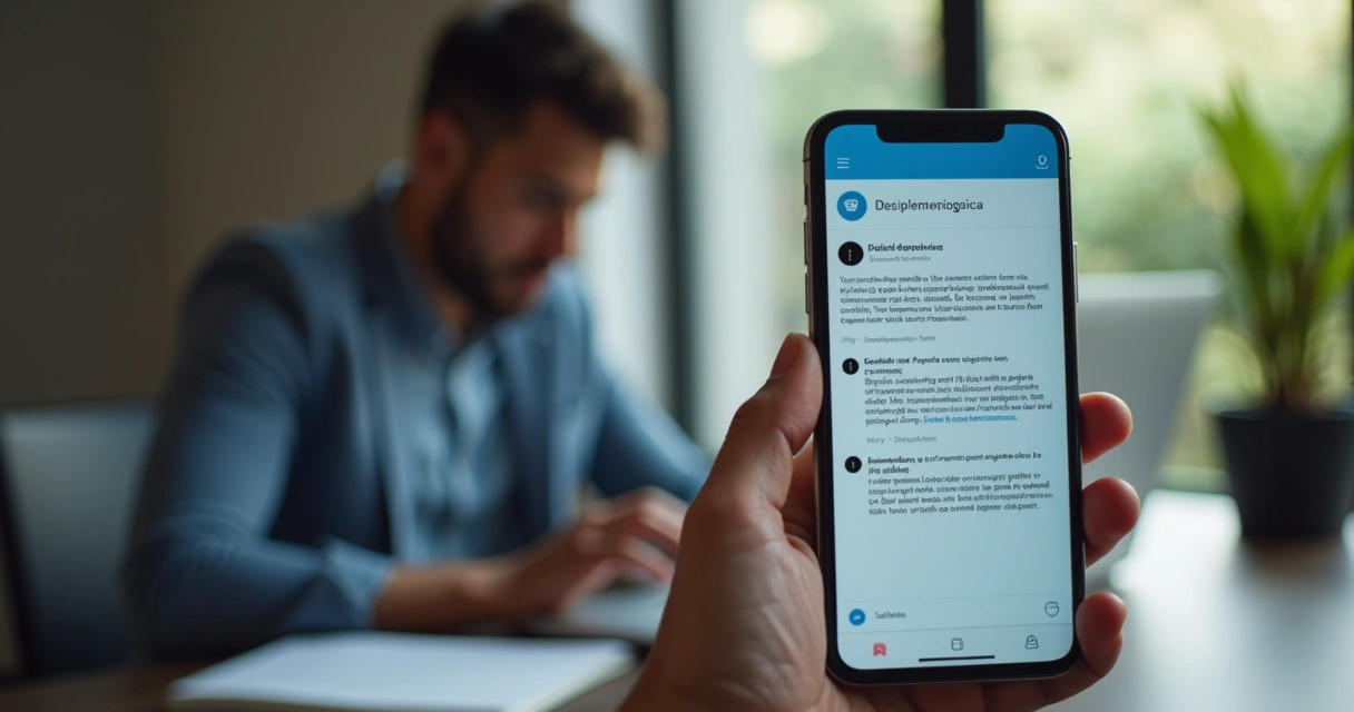 Celular mostrando reclamação de cliente em rede social, com gerente ao fundo pronto para responder. 