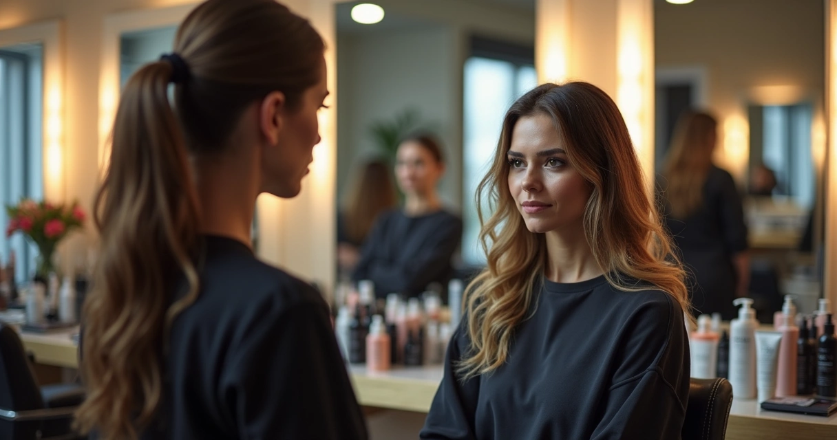 Cliente insatisfeito conversando com profissional em salão de beleza 