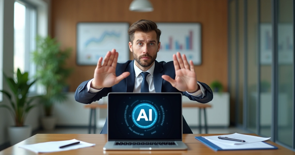 Cliente expressando rejeição a um agente de IA em um laptop na mesa do escritório 