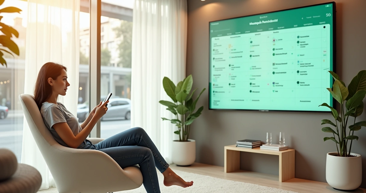 Cliente relaxando em ambiente de estética enquanto notificações de lembretes no WhatsApp aparecem em painel digital ao fundo 