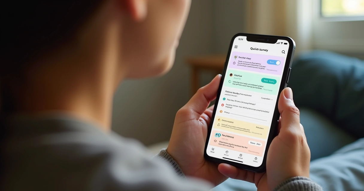 Pessoa segurando smartphone respondendo pesquisa rápida em aplicativo 