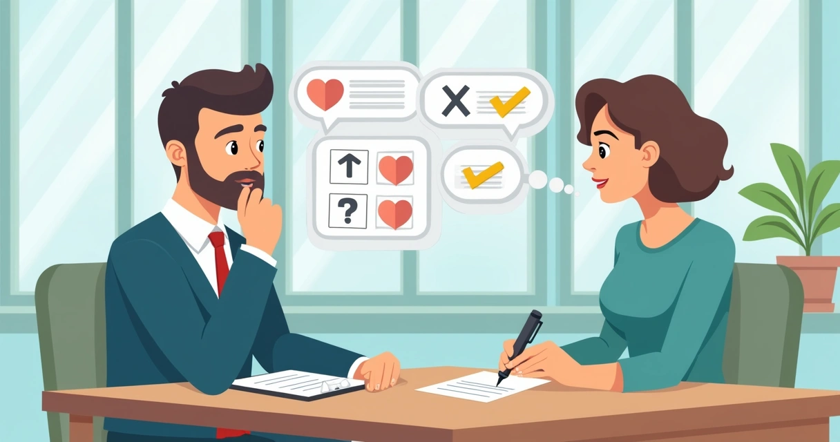 Cliente sentado à mesa, respondendo perguntas de qualificação, com bloco de anotações e recursos visuais representando decisões, estilo corporativo flat. 