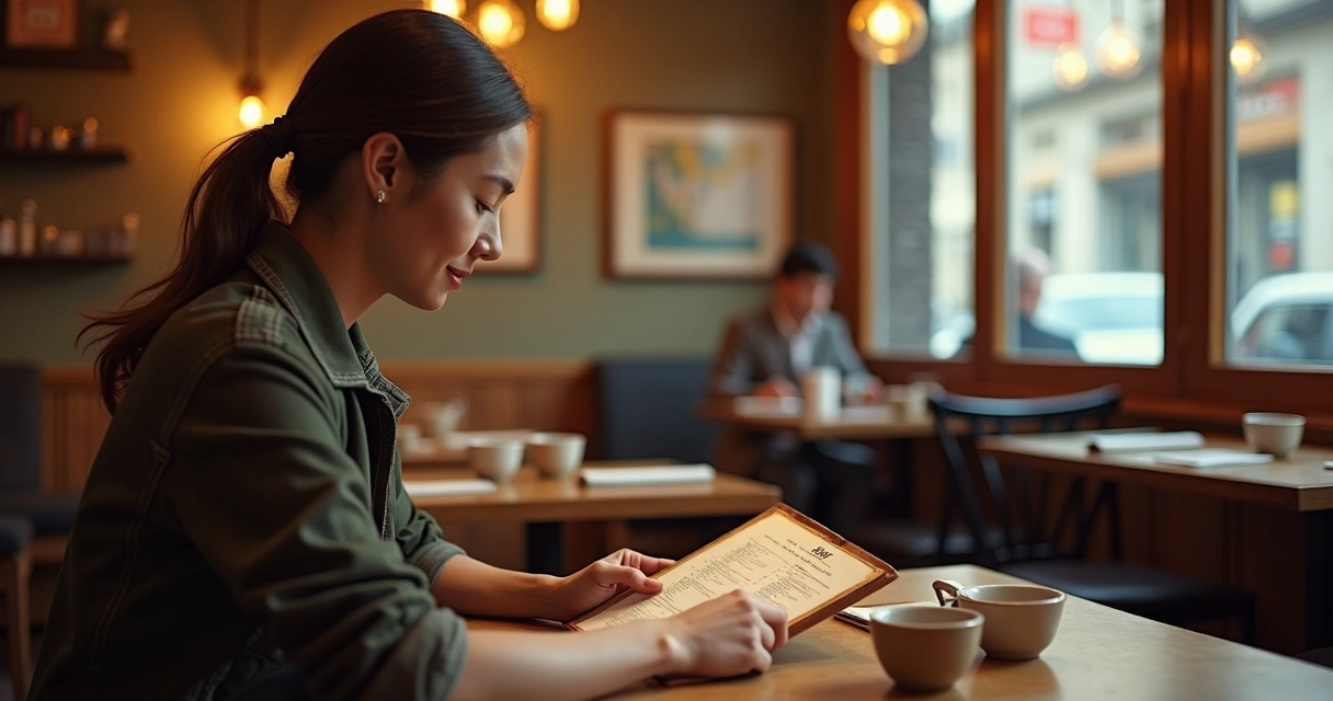 Cliente lendo cardápio e escolhendo prato em restaurante pequeno 