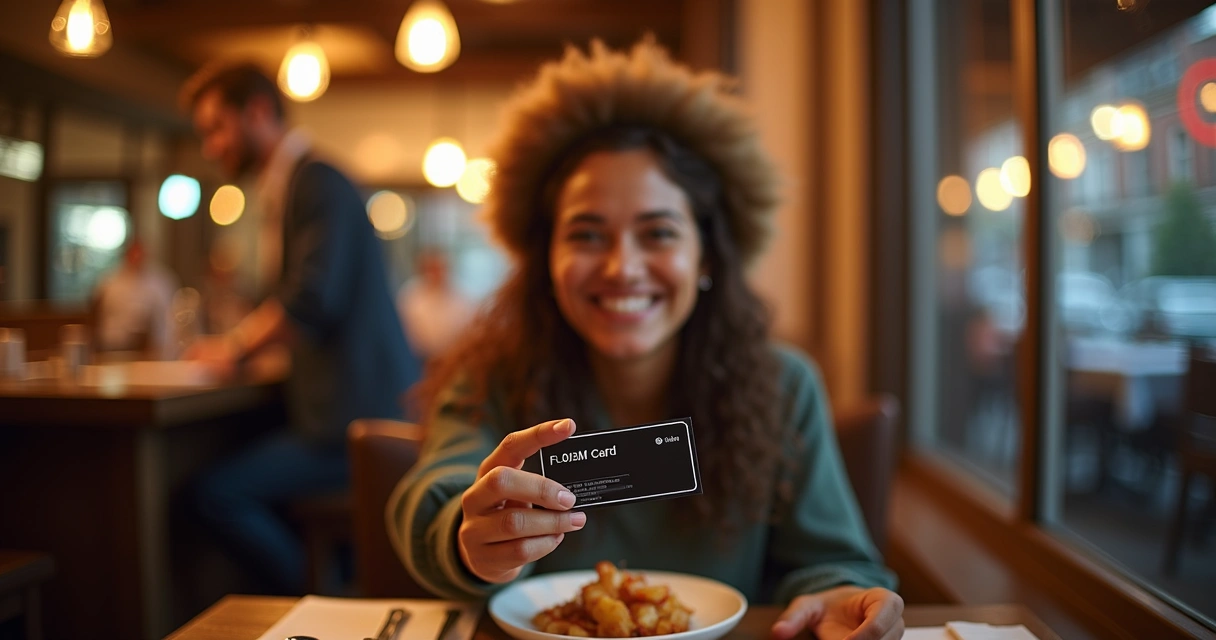 Pessoa sorrindo com cartão fidelidade em restaurante