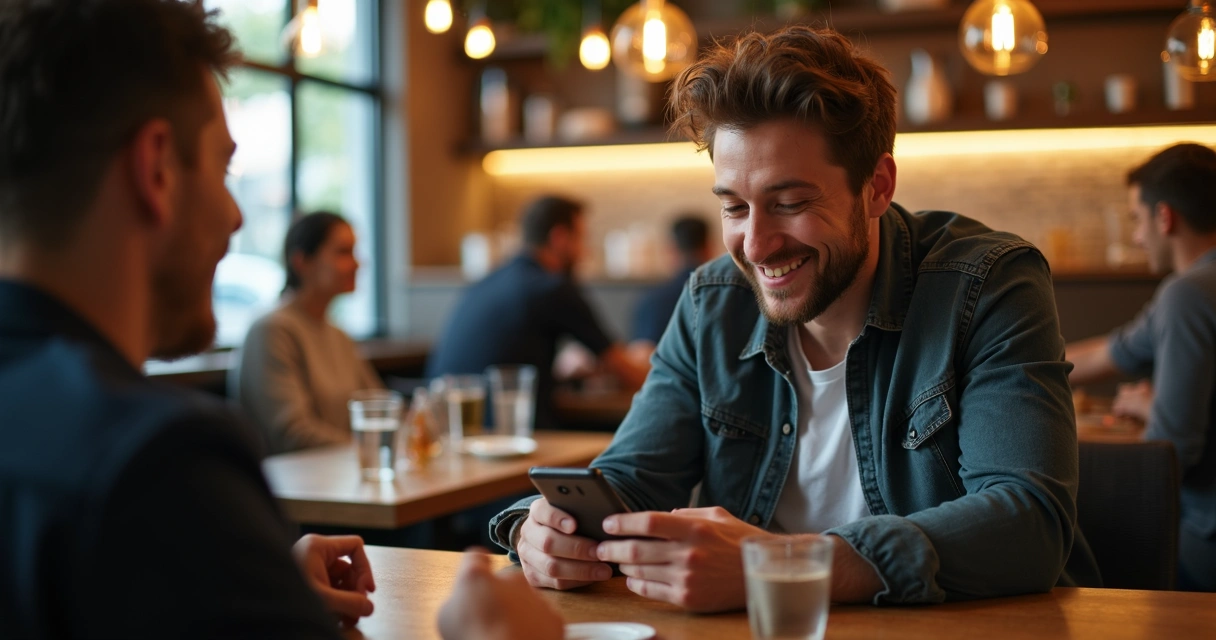 Cliente satisfeito sentado à mesa de restaurante, sorrindo após receber uma sobremesa de cortesia 