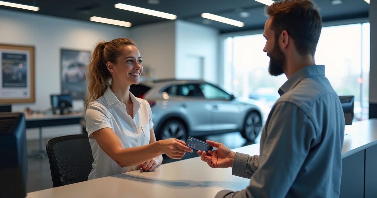 Cliente recebendo cartão de fidelidade em auto center 