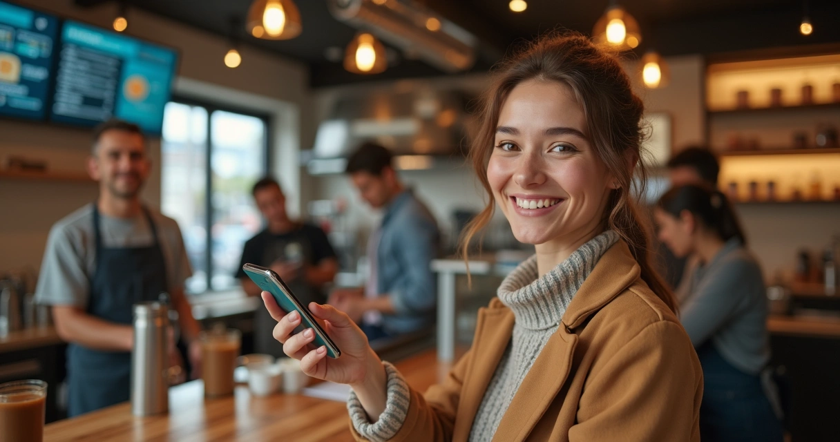Cliente segurando cartão de fidelidade digital no balcão de restaurante 