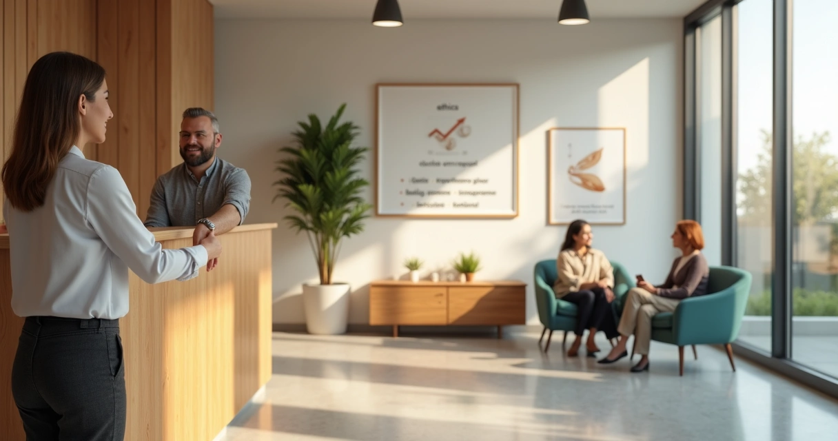 Cliente retornando a loja cumprimentando profissional em ambiente corporativo acolhedor 
