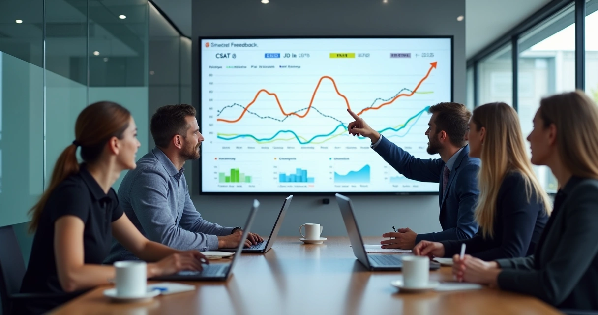 Pessoa mostra dashboard de feedback em reunião de equipe 