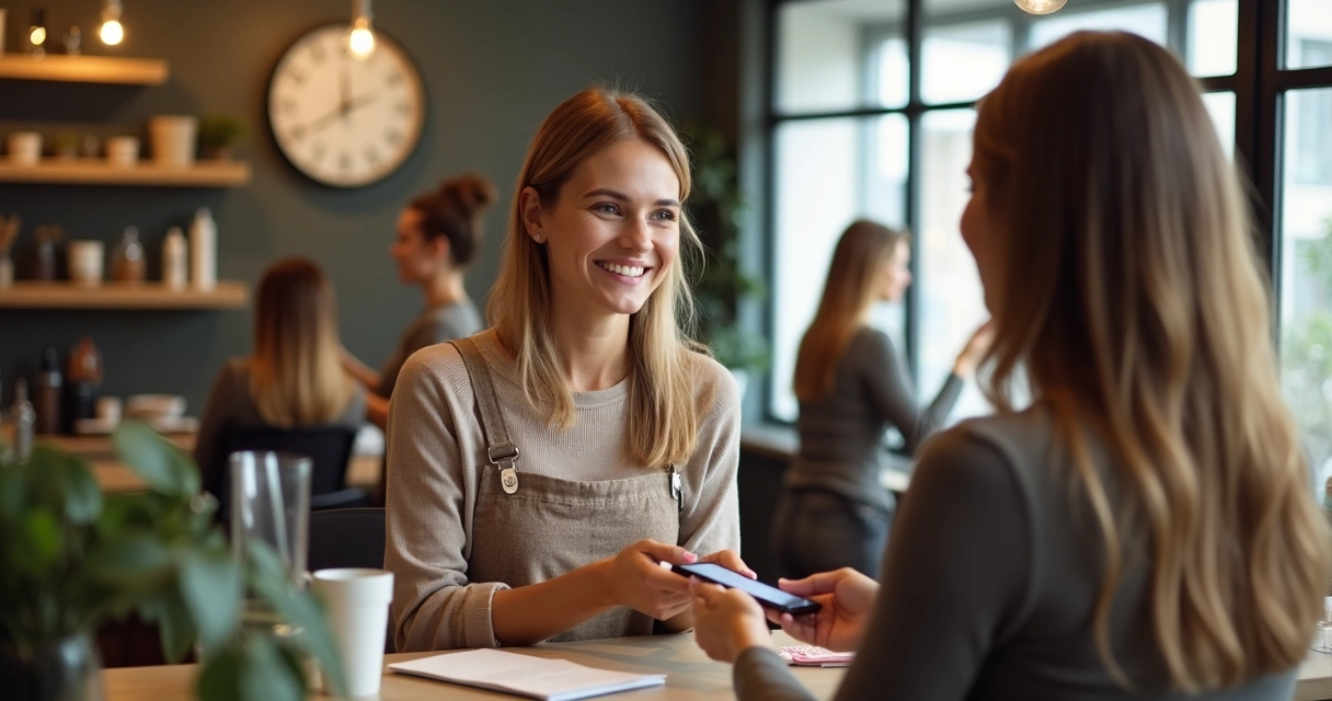Recepcionista de salão de beleza recebendo pagamento adiantado em balcão com cliente sorrindo ao lado