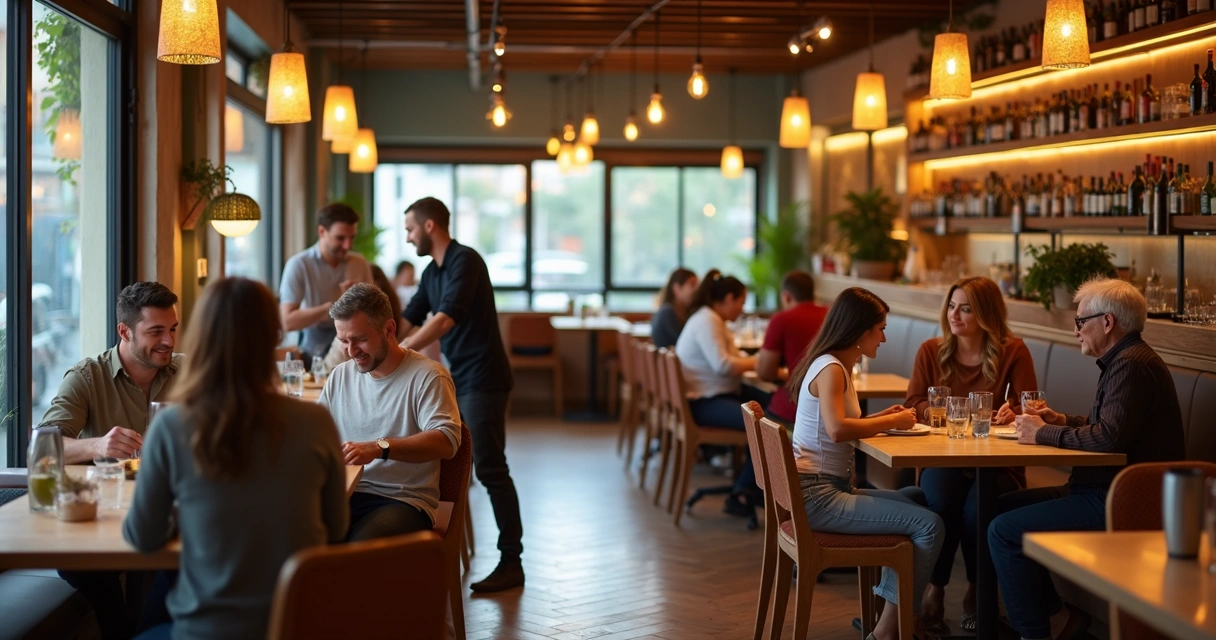 Clientes de diferentes idades sentados em diferentes mesas de restaurante 