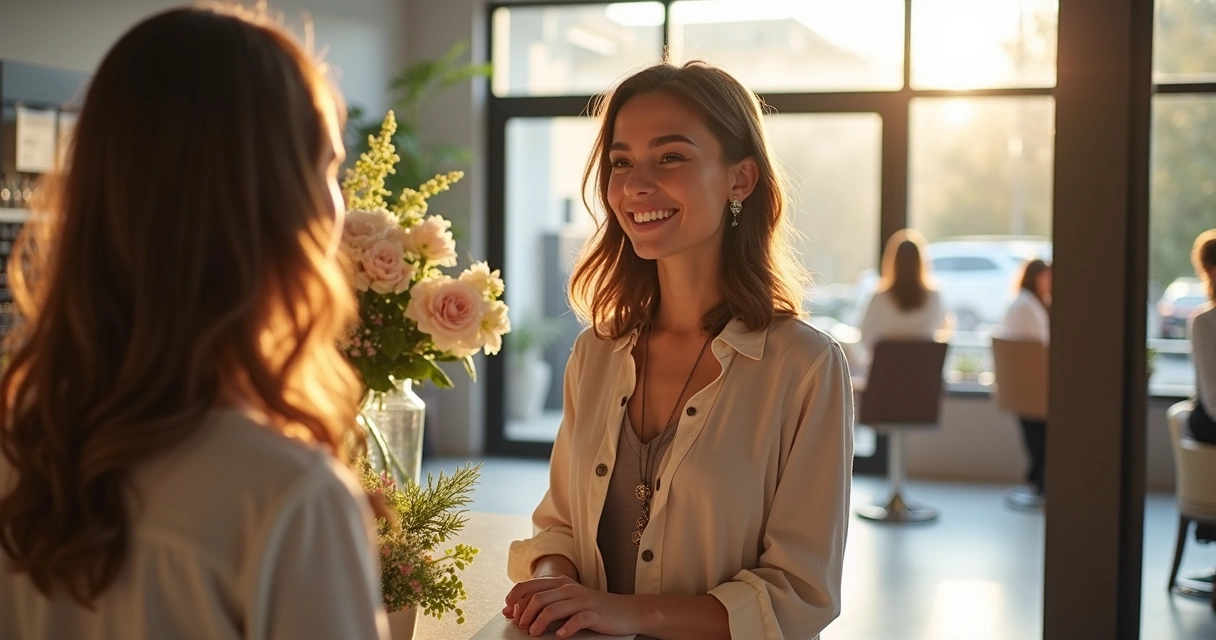 Cliente entrando sorrindo em salão de beleza iluminado 