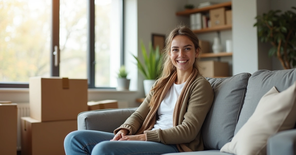 Cliente satisfeito sentado em sala de apartamento recém-comprado 