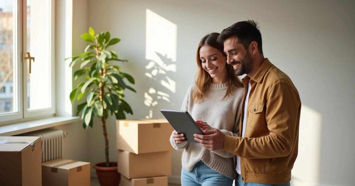 Clientes analisando manual digital em novo apartamento 