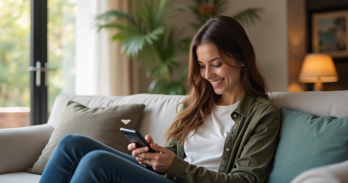 Cliente feliz no celular após receber mensagem após visita 