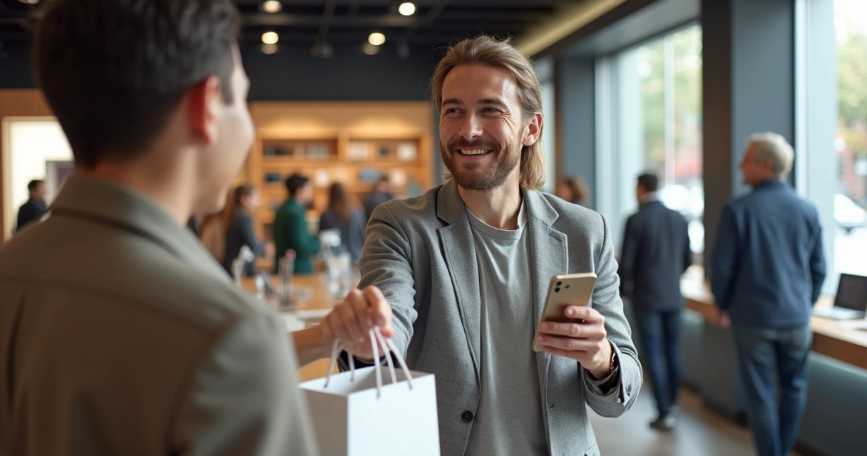 Cliente feliz com iPhone novo na loja