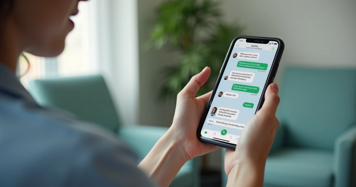 Cliente satisfeito usando WhatsApp em um consultório