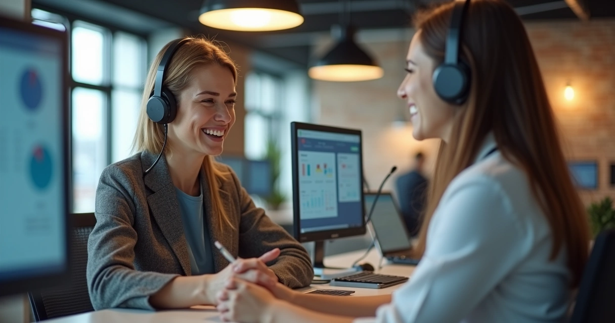 Cliente sorridente recebendo atendimento humano e digital juntos em ambiente de escritório moderno