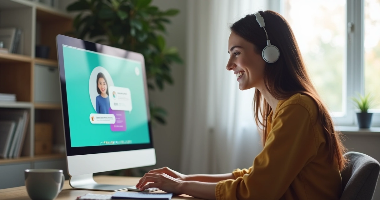 Cliente sorridente ao receber atendimento via chat no computador 