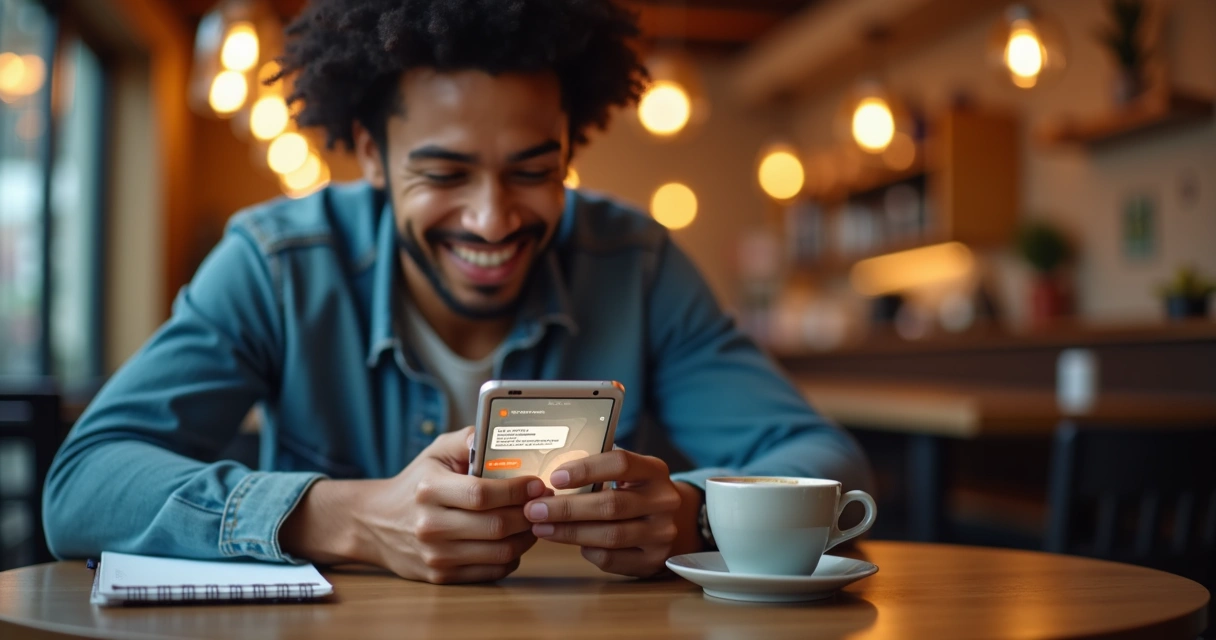 Cliente satisfeito usando atendimento digital em smartphone 