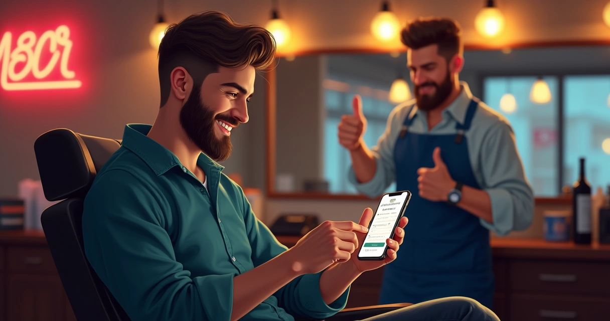 Cliente feliz sentado em cadeira de barbearia enquanto agenda no celular 