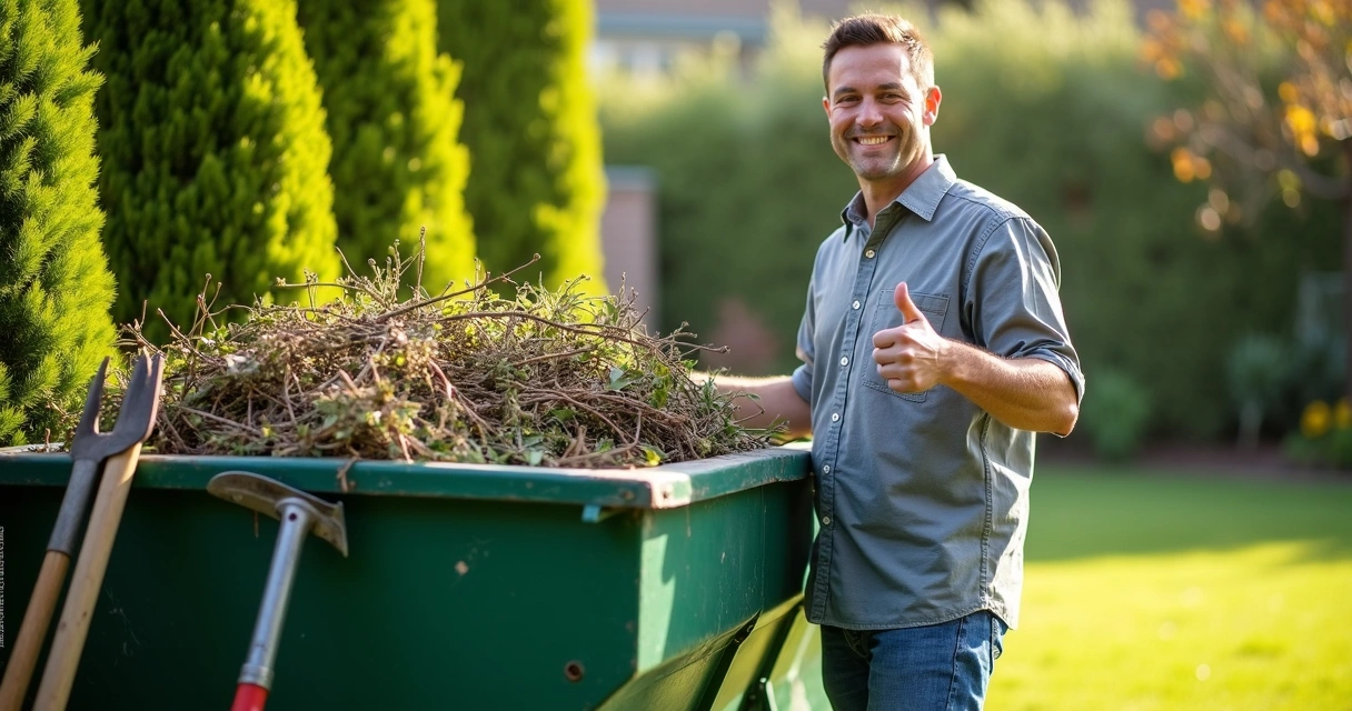 Cliente satisfeito em frente a caçamba cheia de galhos e folhas de jardinagem 