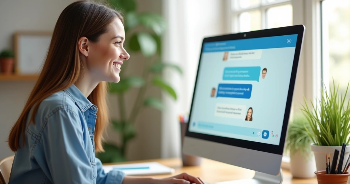 Cliente satisfeito usando chatbot no computador 