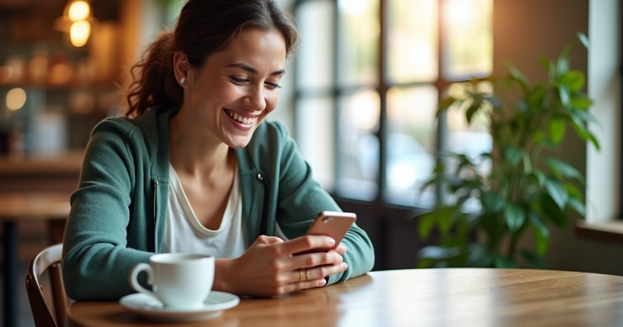 Cliente com sorriso no rosto após atendimento automatizado pelo WhatsApp. 